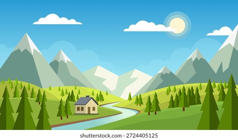 Mountain Landscape Vector Illustration. Summer Nature Scenery with River, Pine Forest, and Small House under Sunny Blue Sky