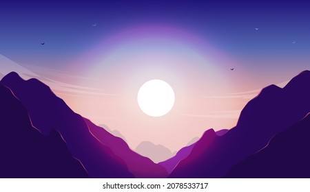 Mountain landscape vector - Illustration of tall mountains with sun and clear sky