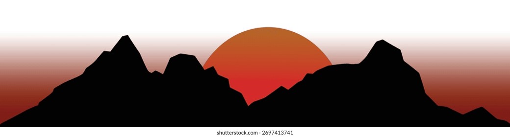 Ilustración vectorial de paisaje de montaña con puesta de sol vibrante. Diseño de fondo de la naturaleza.
