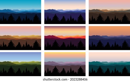 mountain landscape vector illustrations with trees and skies