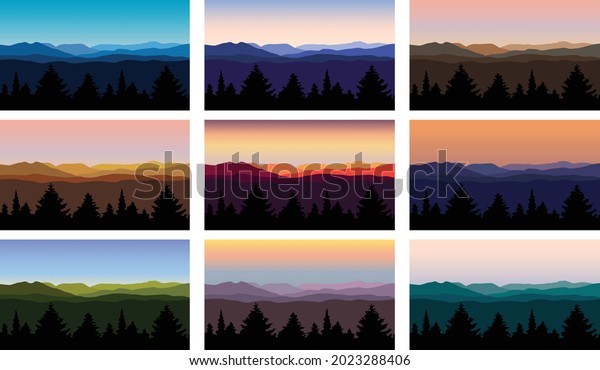 mountain landscape vector illustrations with trees\
and skies