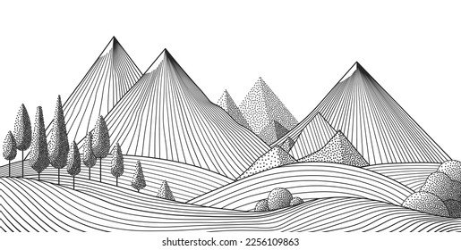 Paisaje montañoso del arte de la línea vectorial. Fondo vectorial mínimo con cordilleras montañosas. Dibujo minimalista en blanco y negro de montañas y árboles.