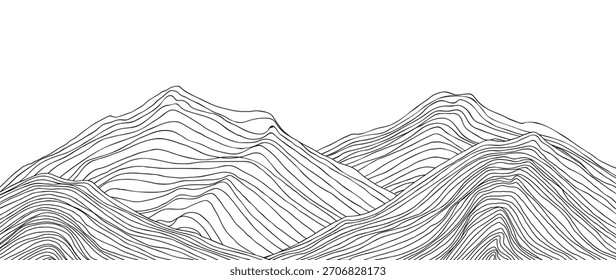 Mountain landscape vector line illustration with black contour peaks and flowing terrain shapes — adventure nature design for hiking, outdoor travel and exploration