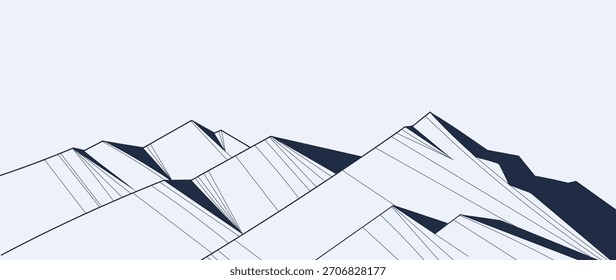 Ilustración de línea de Vector de paisaje de montaña con picos de contorno negros y Formas de terreno fluidas: diseño de naturaleza de aventura para senderismo, viajes al aire libre y exploración