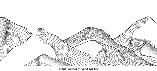 Ilustración de línea de Vector de paisaje de montaña con picos de contorno negros y Formas de terreno fluidas: diseño de naturaleza de aventura para senderismo, viajes al aire libre y exploración