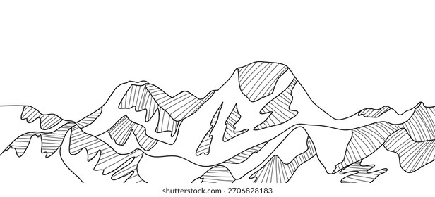 Gebirgslandschaft, Vektorgrafik mit schwarzen Konturspitzen und fließenden Geländeformen — Abenteuer-Naturdesign für Wandern, Outdoor-Reisen und Erkundung