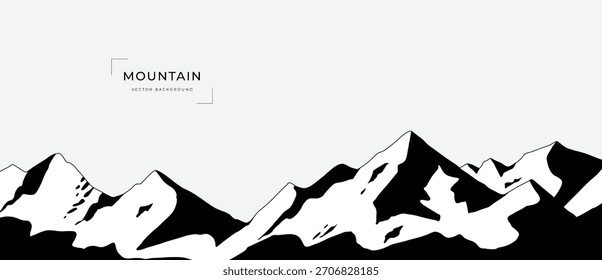 Ilustración de línea de Vector de paisaje de montaña con picos de contorno negros y Formas de terreno fluidas: diseño de naturaleza de aventura para senderismo, viajes al aire libre y exploración