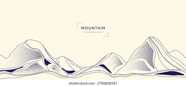 Montanha paisagem vetor linha ilustração com picos contorno preto e fluindo formas de terreno — projeto natureza aventura para caminhadas, viagens ao ar livre e exploração