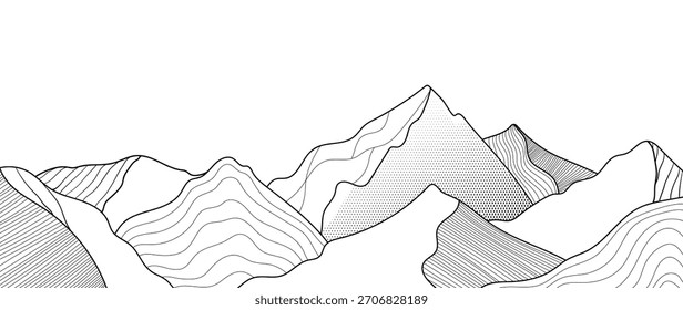 Ilustración de línea de Vector de paisaje de montaña con picos de contorno negros y Formas de terreno fluidas: diseño de naturaleza de aventura para senderismo, viajes al aire libre y exploración