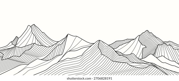 Mountain landscape vector line illustration with black contour peaks and flowing terrain shapes — adventure nature design for hiking, outdoor travel and exploration