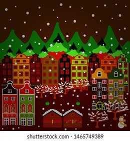 Mountain landscape. Vector. Lonely house on a hill. Winter. Christmas illustration on green, brown and red colors. Cloudy winter landscape.