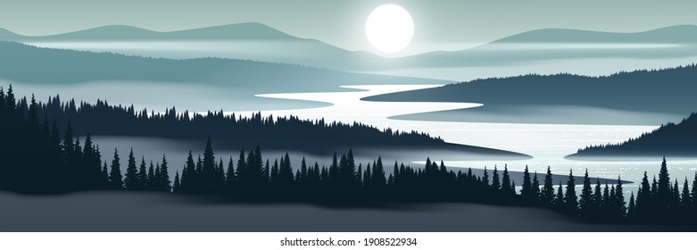 Mountain landscape. Vector landscape with misty mountain valley, forest and river.