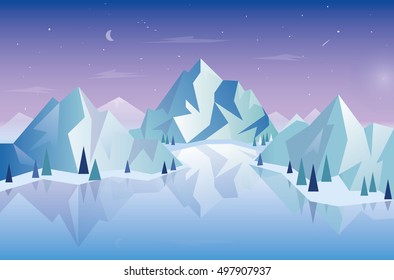 Mountain Landscape. Vector mountains background with lake.