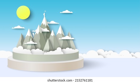 Mountain landscape. Vector paper cut art craft style. Snow hill, sky, sun and cloud origami abstract background. Winter nature 3d scenery for travel poster