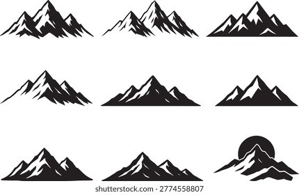 Mountain landscape vector set with minimal black peaks for outdoor logo branding bundle
