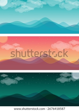Mountain Landscape Vector Set – Sunrise, Sunset, and Night Scenery