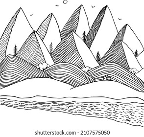 Paisaje montañoso. Esbozo vectorial naturaleza de montañas y campos cerca del río.