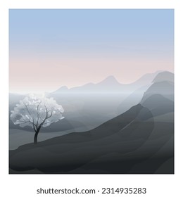 Mountain landscape vector. Spring view. A tree is blossoming. Calming minimal background. 
