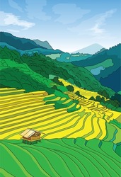 Mountain Landscape Of Vietnam. Terraced Rice Fields In Ha Giang, Vietnam. Spectacular Rice Fields. Beautiful Natural Scenery. Wet Rice Agriculture.