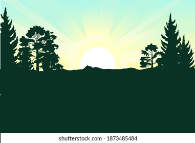 Mountain landscape. View of the mountains and the lake through the coniferous forest, taiga. Silhouette. Landscape with sky and sun. Mountains. vector