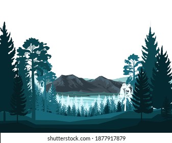 Mountain landscape. View of the mountains and the lake through the coniferous forest, taiga. Silhouette. Mountains, rocks on the horizon. Sea bay. The landscape is isolated. vector