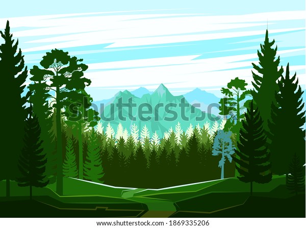 Mountain landscape.
View of the mountains and the lake through the coniferous forest,
taiga. Silhouette. Landscape with sky and clouds. Mountains, rocks
. Vector