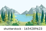 Mountain landscape view. Snow covered mountains, lake and deep pine forest. Flat trendy style. Travel, tourism and hiking template. Vector illustration.