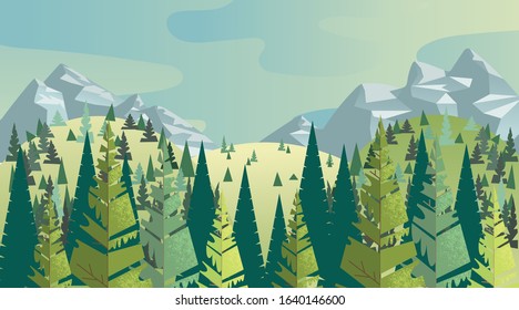 Mountain landscape view. Snow covered mountains, valleys and deep pine forest. Flat trendy style. Travel, tourism and hiking template. Vector illustration.