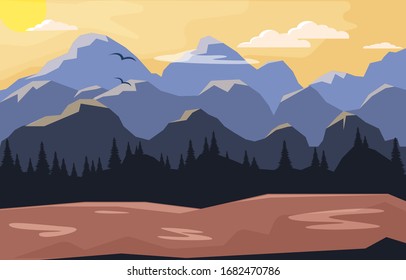   Paisaje montañoso. Vista de las montañas nevadas, árboles y el río. Papel tapiz con paisaje montañoso.Ilustración vectorial aislada.