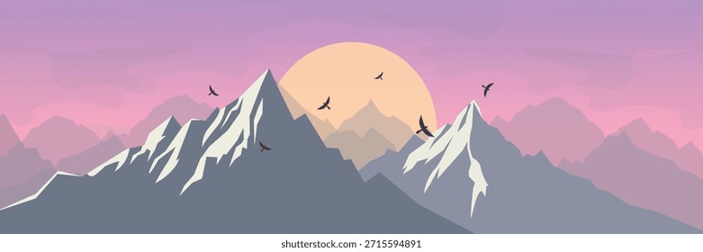 Mountain Landscape View Sunset Sunrise Pink Purple Sky Birds Silhouettes Horizontal Banner.
