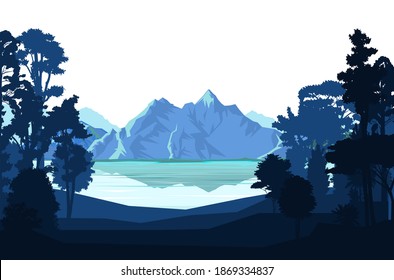 Mountain landscape. Mountain view through the forest. Silhouette. Lake, sea bay. Mountains, rocks on the horizon. Isolated on white background. vector