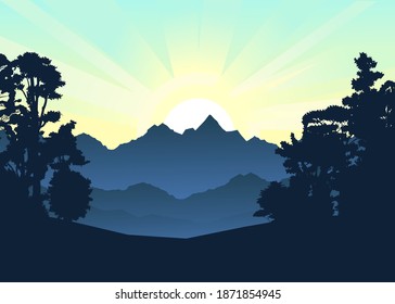 Paisaje montañoso. Vista de montaña a través del bosque. Silhouette. Lago, bahía de mar. Montañas, rocas en el horizonte con cielo y nubes. vector