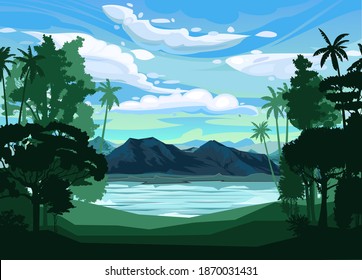 Mountain landscape. Mountain view through jungle and palms, rainforest. Silhouette. Lake, sea bay. Mountains, rocks on the horizon. Sky with clouds. vector