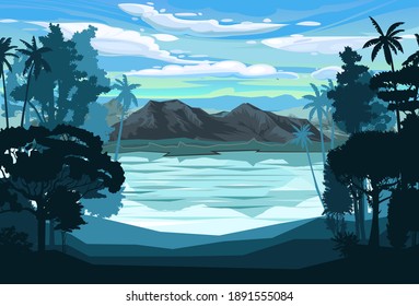 Paisaje montañoso. Vista de montaña a través de la jungla y palmeras, selva tropical. Silhouette. Lago, bahía de mar. Montañas, rocas en el horizonte. Cielo con nubes. vector