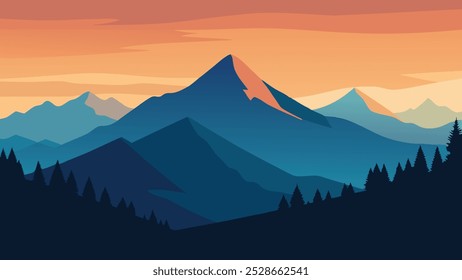 Mountain landscape viewed from a hilltop, highlighting the grandeur of nature and the tranquility of the surroundings flat vector illustration