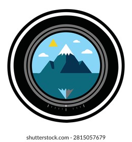 Mountain landscape viewed through a camera lens, sunny day with blue sky and clouds