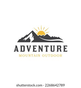 mountain landscape vintage logo with rocks at sunrise, Sea and Sun for Hipster Adventure Traveling logo can be used track biker cross