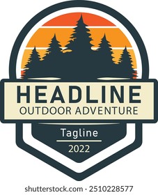 mountain landscape vintage logo with rocks at sunrise, Sea and Sun for Hipster Adventure Traveling logo
