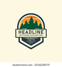 mountain landscape vintage logo with rocks at sunrise, Sea and Sun for Hipster Adventure Traveling logo