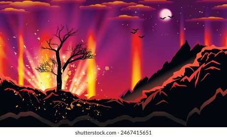 Mountain landscape with a volcano. A lonely tree without leaves near an awakening volcano against the backdrop of mountains, a sky with auroras, the moon, stars, and flying birds. Vector.