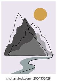 Mountain landscape wall art. Abstract minimalist poster with mountains and sun