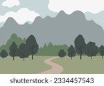 mountain landscape wall art illustration, abstract landscape clipart, vector simple nature background, travel road trip clip art, forest images in flat style, minimal outdoor, digital download print