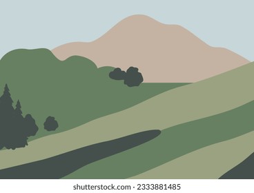 mountain landscape wall art illustration, abstract landscape clipart, vector simple nature background, travel road trip clip art, forest images in flat style, minimal outdoor, digital download print