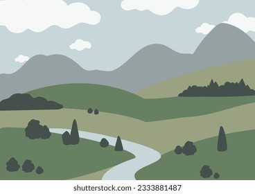 mountain landscape wall art illustration, abstract landscape clipart, vector simple nature background, travel road trip clip art, forest images in flat style, minimal outdoor, digital download print