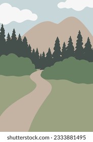 mountain landscape wall art illustration, abstract landscape clipart, vector simple nature background, travel road trip clip art, forest images in flat style, minimal outdoor, digital download print