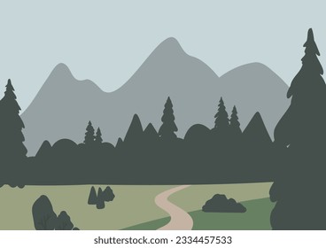 mountain landscape wall art illustration, abstract landscape clipart, vector simple nature background, travel road trip clip art, forest images in flat style, minimal outdoor, digital download print