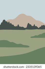 mountain landscape wall art illustration, abstract landscape clipart, vector simple nature background, travel road trip clip art, forest images in flat style, minimal outdoor, digital download print