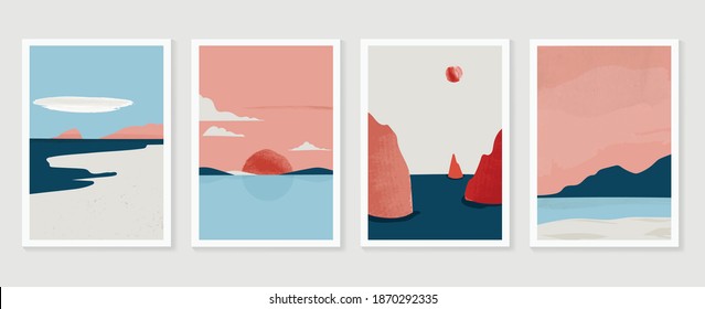 Mountain and landscape wall arts collection. Abstract art with land, desert, home, way, sun, sky. Design for wall art home decoration, prints, digital and smart phone wallpaper, fabric and background