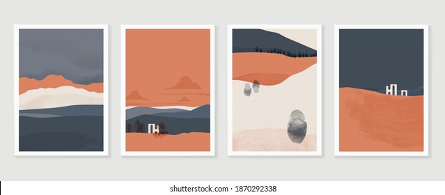 Mountain and landscape wall arts collection. Abstract art with land, desert, home, way, sun, sky. Design for wall art home decoration, prints, digital and smart phone wallpaper, fabric and background