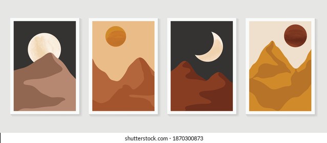 Mountain and landscape wall arts collection. Abstract art with land, desert, home, way, sun, sky. Design for wall art home decoration, prints, digital and smart phone wallpaper, fabric and background